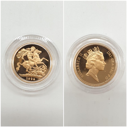 25 - 1994 GOLD PROOF SOVEREIGN THREE COIN SET TO INCLUDE A DOUBLE SOVEREIGN, A SOVEREIGN AND A HALF SOVER... 