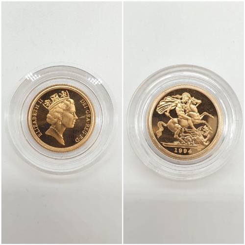 25 - 1994 GOLD PROOF SOVEREIGN THREE COIN SET TO INCLUDE A DOUBLE SOVEREIGN, A SOVEREIGN AND A HALF SOVER... 