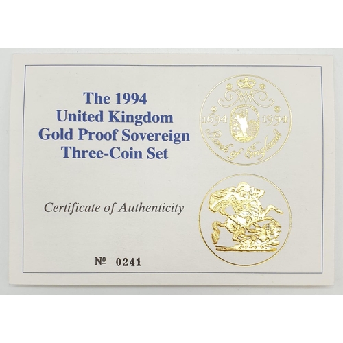 25 - 1994 GOLD PROOF SOVEREIGN THREE COIN SET TO INCLUDE A DOUBLE SOVEREIGN, A SOVEREIGN AND A HALF SOVER... 