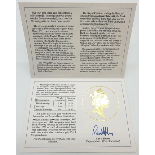 25 - 1994 GOLD PROOF SOVEREIGN THREE COIN SET TO INCLUDE A DOUBLE SOVEREIGN, A SOVEREIGN AND A HALF SOVER... 