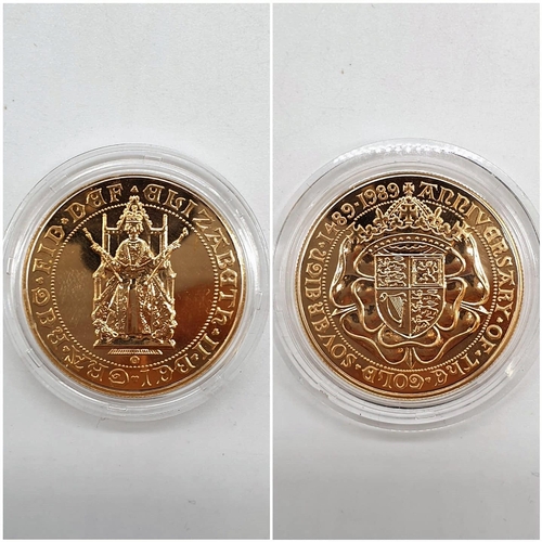 263 - 1989 UK £5 BRILLIANT UNCIRCULATED COIN, SET IN 22ct, WEIGHT 39.94g IN ORIGINAL BOX AND PAPERS