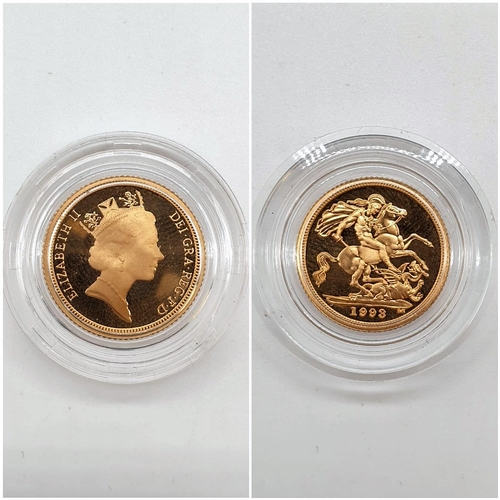 291 - 1993 GOLD PROOF HALF SOVEREIGN, 22ct GOLD WEIGHT 3.99g, IN ORIGINAL BOX AND PAPER