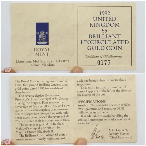 306 - 1992 UK £5 BRILLIANT UNCIRCULATED GOLD COIN,  22ct GOLD OF 39.94g WEIGHT, ORIGINAL BOX AND PAPER