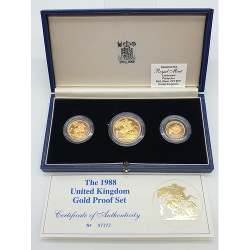 33 - 1988 UK GOLD PROOF 3 COIN COLLECTION TO INCLUDE A DOUBLE SOVEREIGN, A SOVEREIGN AND A HALF SOVEREIGN... 