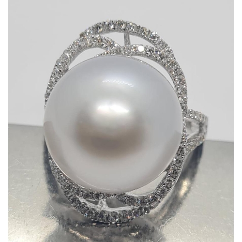 401 - 18ct white diamond ring with large south sea pearl centre (14.82mm) and 1.08ct diamond, weight 9.58g... 