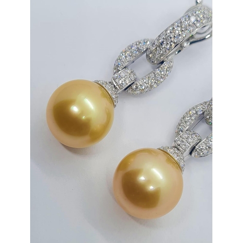 445 - Pair of 18ct white gold diamond earrings with natural golden pearls, weight 15.8g and drop 4cm long ... 