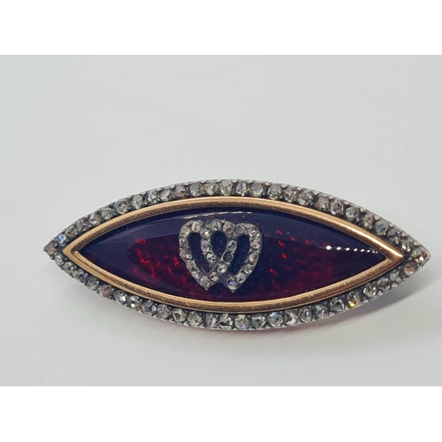 478 - Vintage boat shaped diamond and ruby brooch with double heart centre set in 15ct gold, weight 7.5g a... 