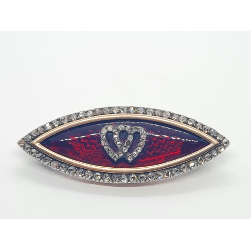 478 - Vintage boat shaped diamond and ruby brooch with double heart centre set in 15ct gold, weight 7.5g a... 