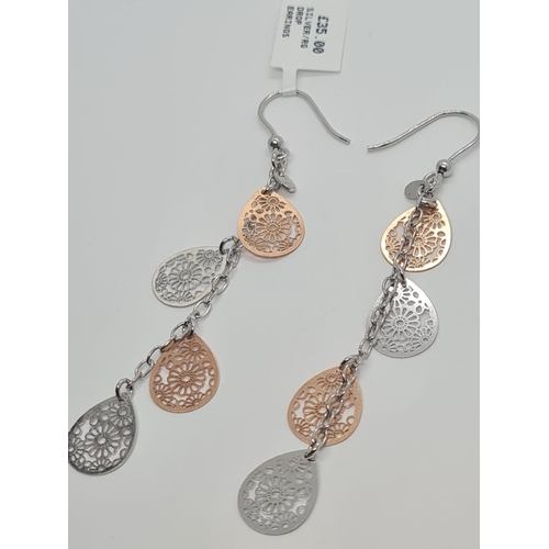 498 - Sterling Silver fancy drop earrings silver and rose gold vermeil, 7cm drop approx