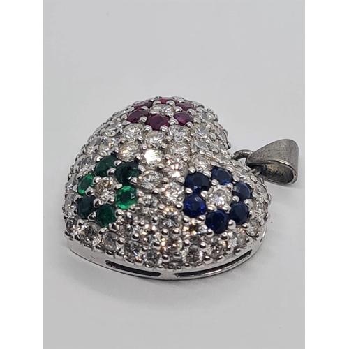 499 - 18CT WHITE GOLD HEART PENDANT WITH DIAMOND, EMERALD, SAPPHIRE AND RUBY ENCRUSTED, WEIGHT 6.5G AND 2X... 