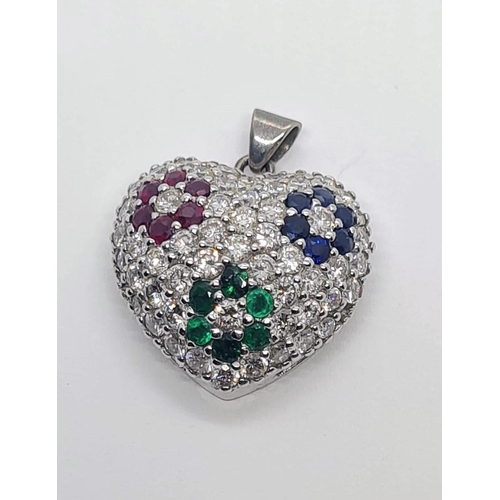 499 - 18CT WHITE GOLD HEART PENDANT WITH DIAMOND, EMERALD, SAPPHIRE AND RUBY ENCRUSTED, WEIGHT 6.5G AND 2X... 