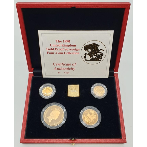 501 - 1990 UK GOLD PROOF SOVEREIGN 4 COIN COLLECTION TO INCLUDE A £5 COIN, A DOUBLE SOVEREIGN COIN, A SOVE... 