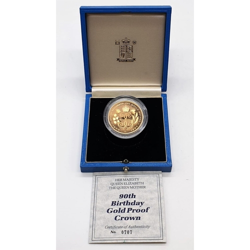 518 - 1900 - 1990 QUEEN MOTHER 90TH BIRTHDAY GOLD PROOF COIN set in 22ct gold, weight 39.94g, come in orig... 