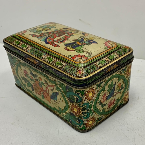 535 - Vintage enamel box. Oriental design on top. 20 x 12 x 8 cm. Fair condition for age.