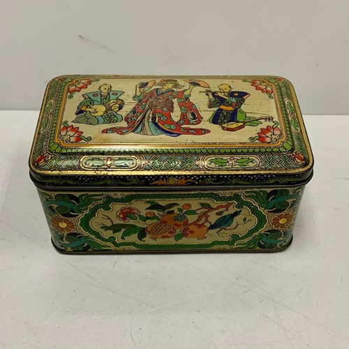 535 - Vintage enamel box. Oriental design on top. 20 x 12 x 8 cm. Fair condition for age.