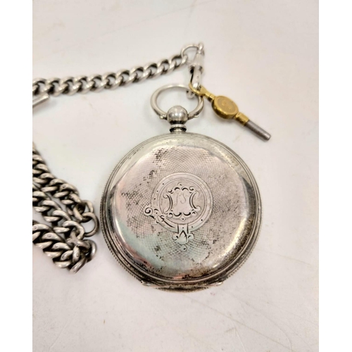 536 - Silver pocket watch with chain, watch hallmarked to Joseph Sharpe 1884 and chain hallmarked to E. Wh... 