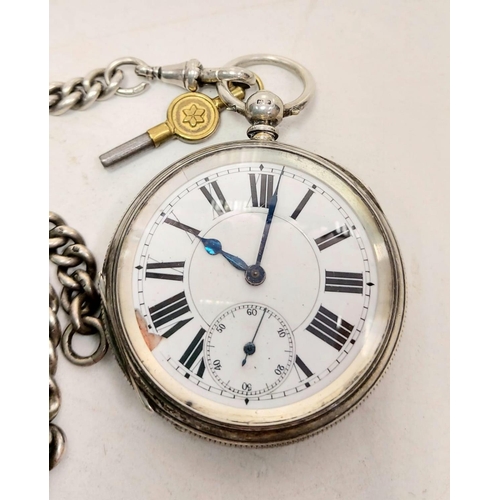 536 - Silver pocket watch with chain, watch hallmarked to Joseph Sharpe 1884 and chain hallmarked to E. Wh... 