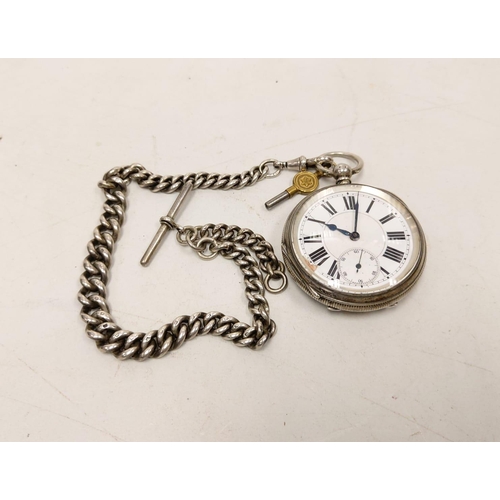 536 - Silver pocket watch with chain, watch hallmarked to Joseph Sharpe 1884 and chain hallmarked to E. Wh... 