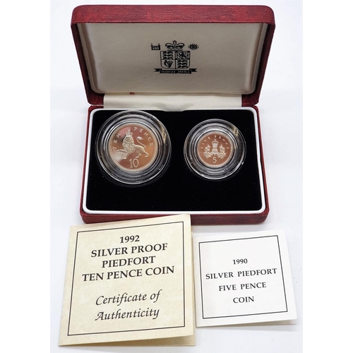 539 - ROYAL MINT 1993 SILVER PROOF PIEDFORT 10 PENCE COIN & 1990 DILVER PIEDFORT 5 PENCE COIN SILVER 19.5G