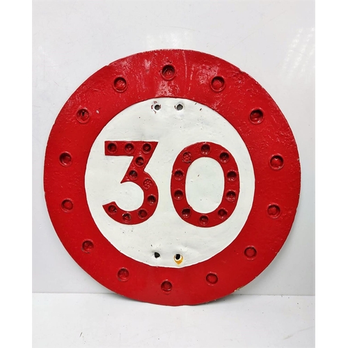 557 - A rare vintage, cast iron, circular speed limit sign 46cm diameter.