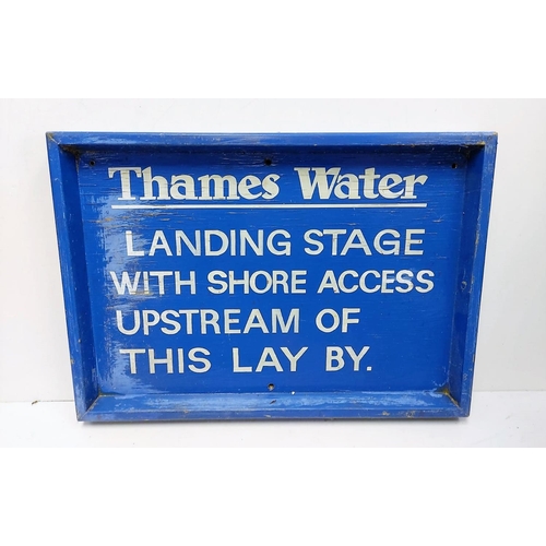 577 - A vintage wood Thames Water 'Shore Access' sign. White print on blue background. 45 x 32cm.