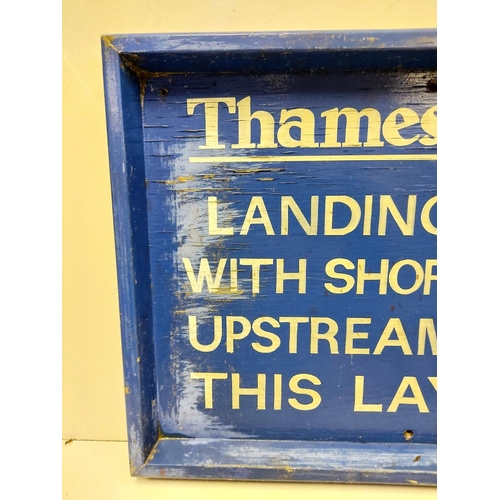 577 - A vintage wood Thames Water 'Shore Access' sign. White print on blue background. 45 x 32cm.