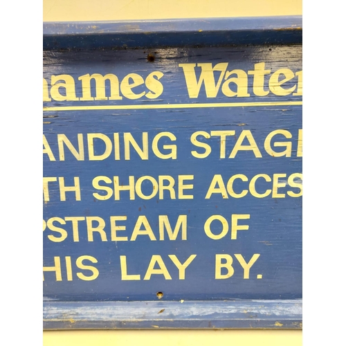 577 - A vintage wood Thames Water 'Shore Access' sign. White print on blue background. 45 x 32cm.