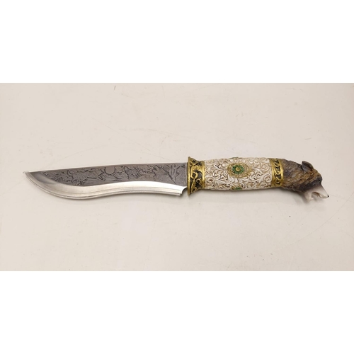 635 - Elaborate repro Native American presentation dagger with a wolf's head handle. Intricately engraved ... 