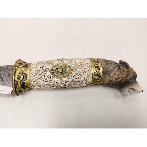 635 - Elaborate repro Native American presentation dagger with a wolf's head handle. Intricately engraved ... 