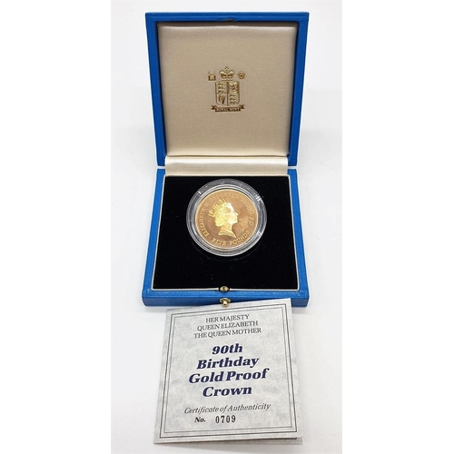 68 - 1900 - 1990 QUEEN MOTHER 90TH BIRTHDAY GOLD PROOF COIN set in 22ct gold, weight 39.94g, come in orig... 