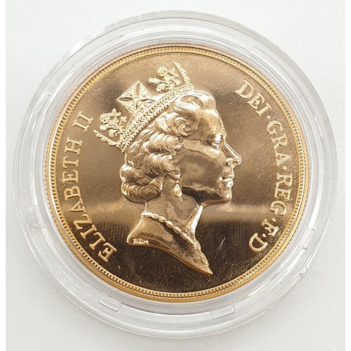 75 - 1994 UK £5 BRILLIANT UNCIRCULATED GOLD COIN, 22ct GOLD OF 39.94g WEIGHT, IN ORIGINAL BOX AND PAPER