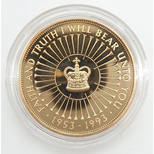 80 - 1953 - 1993 CORONATION 40TH ANNIVERSARY GOLD PROOF CROWN, 22ct GOLD WEIGHT 33.94g, IN ORIGINAL BOX A... 