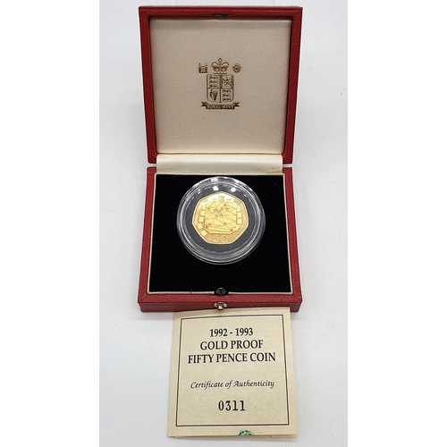 252 - 1992-1993 GOLD PROOF 50P COIN EU, SET IN 22ct GOLD, WEIGHT 26.32g IN ORIGINAL BOX AND PAPER