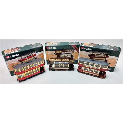 580 - 3 limited vintage Corgi tramway diecast models. Good condition with boxes. 15x10cm.