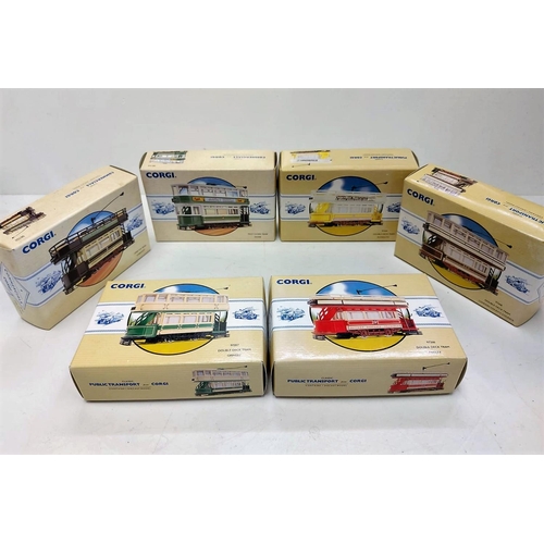 583 - 6 vintage classic commercial, double deck diecast tram models. Good condition with boxes. 15x10cm.