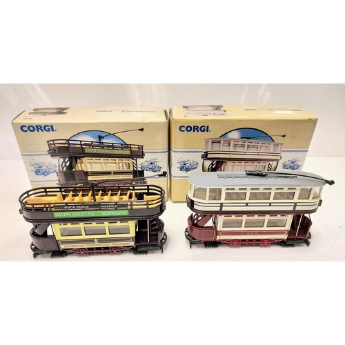 583 - 6 vintage classic commercial, double deck diecast tram models. Good condition with boxes. 15x10cm.