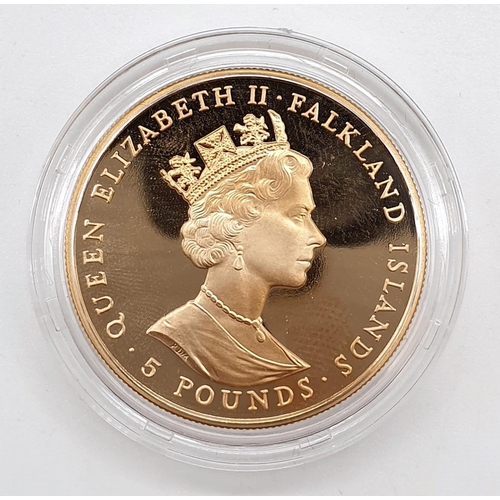 86 - 1991 FALKLANDS ISLAND £5 GOLD PROOF ROYAL WEDDING 10TH ANNIVERSARY, 22ct GOLD WEIGHT 39.94g, IN ORIG... 