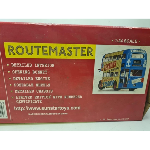 509 - A limited edition Sunstar 1958 diecast Routemaster model bus with Vernons Pools advertisement banner... 