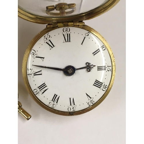 1 - Antique c1700s yellow metal verge Fusee pocket watch and solid gold pocket key , ticking but no guar... 