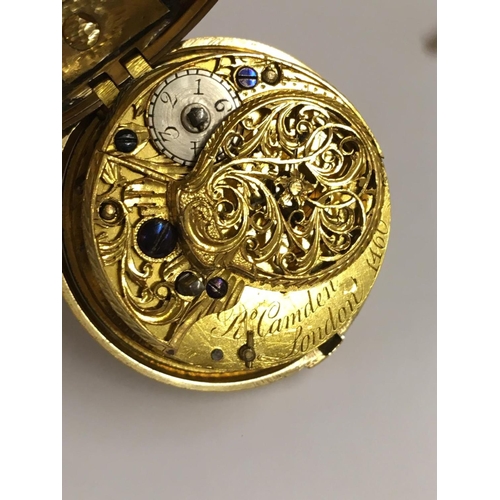 1 - Antique c1700s yellow metal verge Fusee pocket watch and solid gold pocket key , ticking but no guar... 