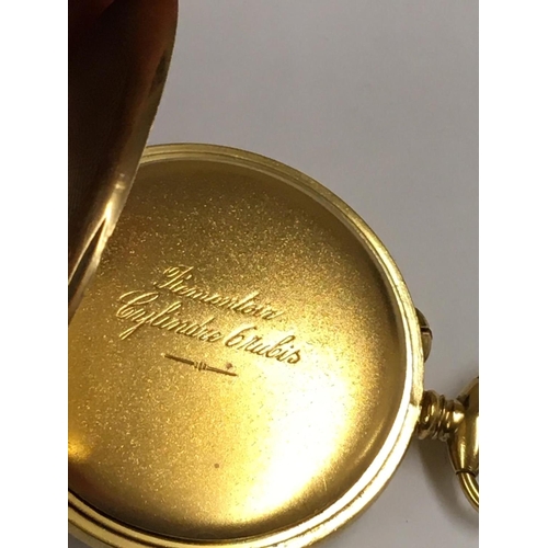 439 - Vintage yellow metal pocket watch & box ( working but no guarantees )