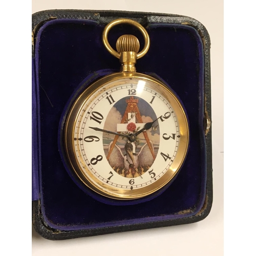 93 - Vintage gilt masonic Goliath pocket watch and case , working when tested.