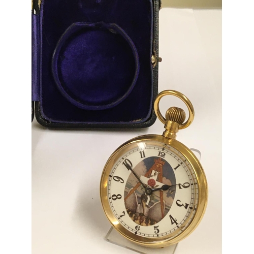 93 - Vintage gilt masonic Goliath pocket watch and case , working when tested.