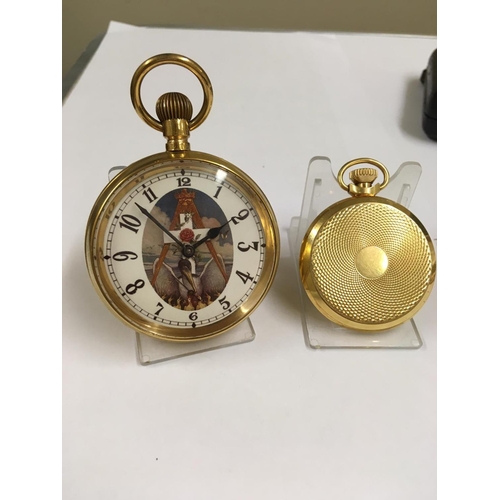 93 - Vintage gilt masonic Goliath pocket watch and case , working when tested.