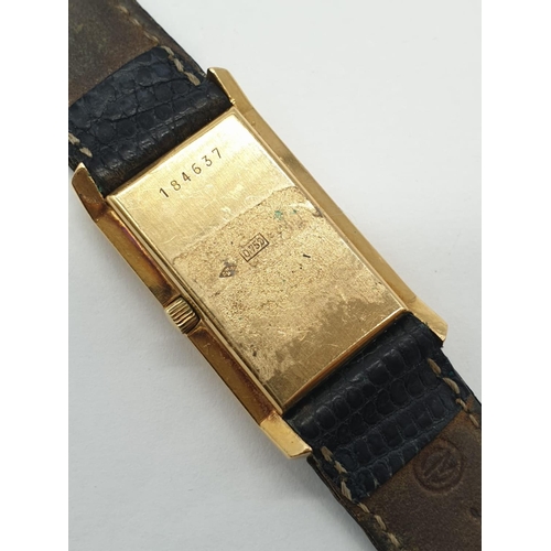 91 - Vintage ladies 18ct gold Jaeger watch in tank style with leather strap, 19x32mm case.