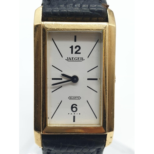 91 - Vintage ladies 18ct gold Jaeger watch in tank style with leather strap, 19x32mm case.