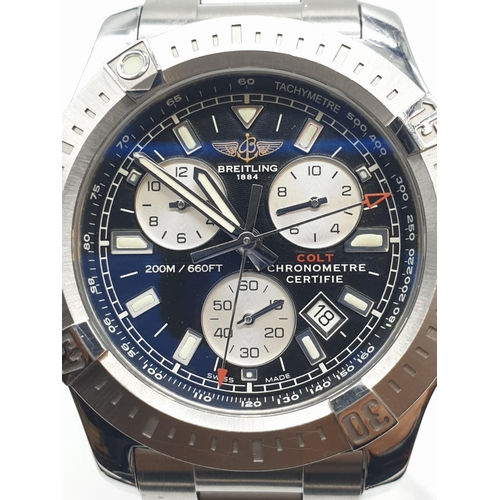 19 - Breitling Colt chronometer gents watch, black face with twist bezel and steel strap, 46mm case.