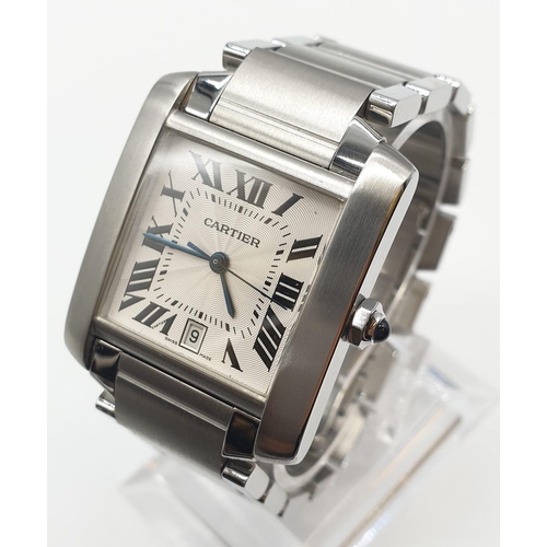 390 - Cartier tank watch with white face, Roman numerals and steel strap, automatic 30mm case