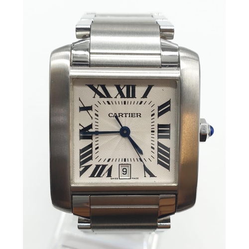 390 - Cartier tank watch with white face, Roman numerals and steel strap, automatic 30mm case