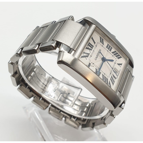 390 - Cartier tank watch with white face, Roman numerals and steel strap, automatic 30mm case